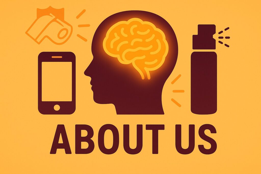 About Us Best Defense Tools About Us banner with a brain silhouette, smartphone, and pepper spray image on an orange background symbolizing smart personal safety.