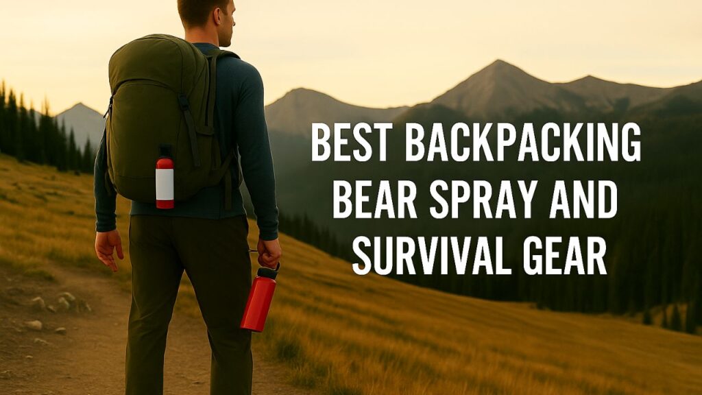 Backpacker on mountain trail carrying bear spray and survival gear at sunset with mountains in the background