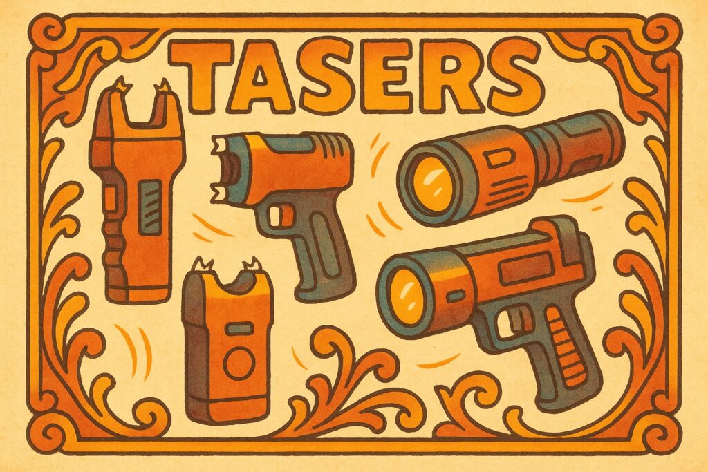 Vintage 1972-style illustration of assorted tasers arranged artistically, surrounded by ornate retro borders with bold warm colors, soft gradients, and a hand-drawn, slightly blurry cartoon aesthetic.