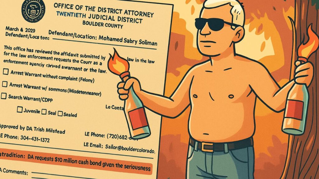 Cartoon depiction of suspect holding Molotov cocktails during Boulder Pearl Street Mall firebombing attack