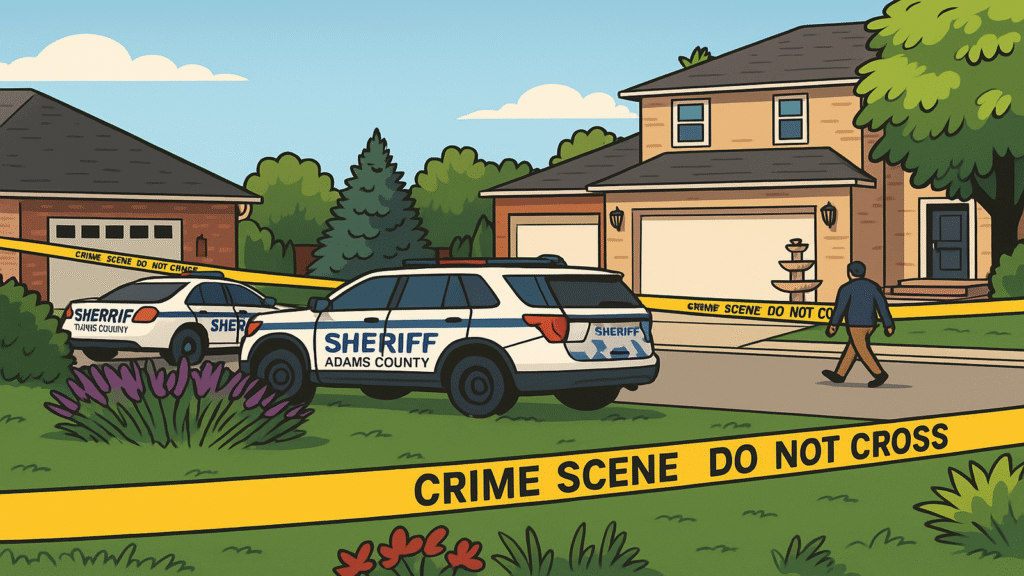 Cartoon illustration of Adams County sheriff vehicles and crime scene tape in front of a suburban home following a domestic incident