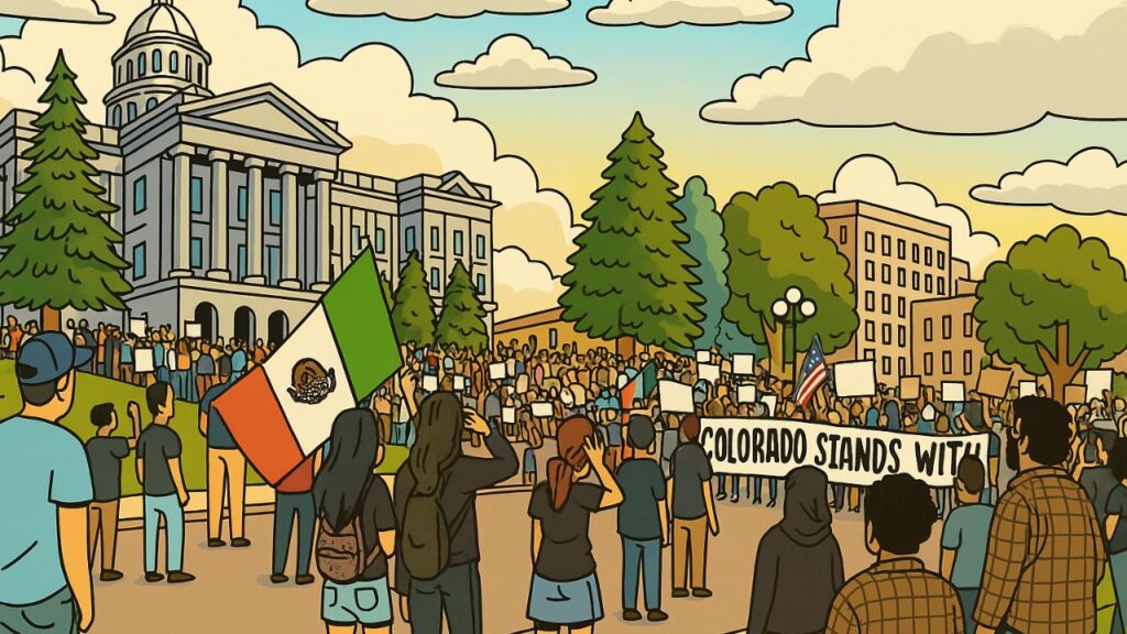 Cartoon-style illustration of a large peaceful protest in front of the Colorado State Capitol, with diverse crowds holding signs, flags, and a banner reading "Colorado Stands With.