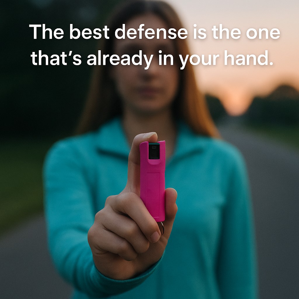 Woman holding hot pink pepper spray while jogging at dusk, with safety quote.