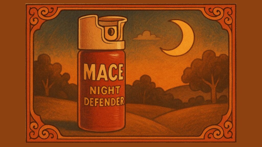 Vintage illustration of a Mace Night Defender pepper spray canister in a soft nighttime setting, designed for personal safety and visibility in the dark.
