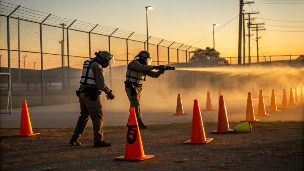 Two officers in full protective gear conducting pepper spray training outdoors at sunset, surrounded by traffic cones for safety