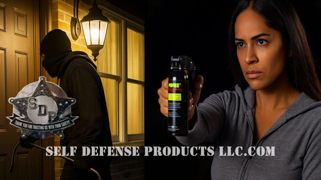 A masked intruder with a crowbar approaches a home while a woman defends herself with a pistol grip crowd control pepper spray, featuring the Self Defense Products LLC badge.