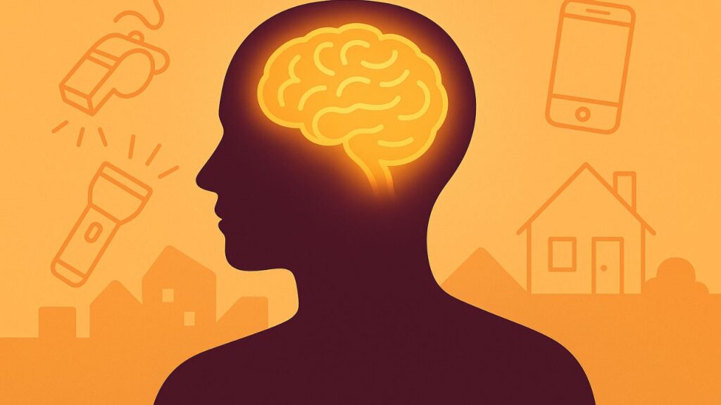 Stay Alert. Stay Informed. Stay Protected Silhouette with glowing brain surrounded by safety icons like a flashlight, phone, home, and whistle — symbolizing awareness and personal protection.