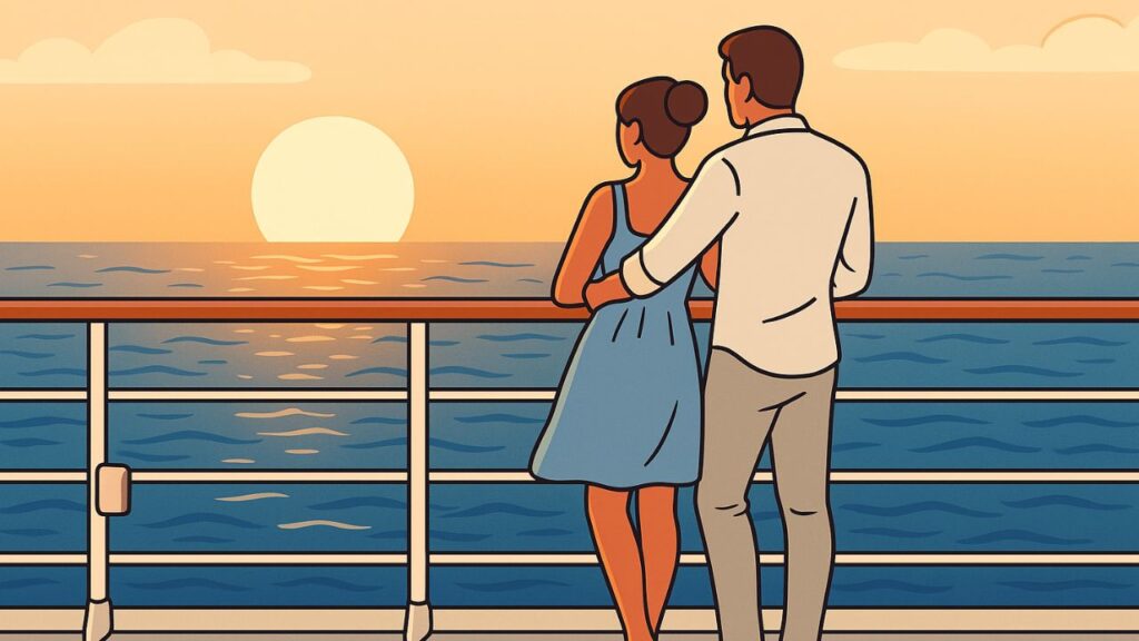Man and Woman on a Cruise Ship Looking at the Sun Set