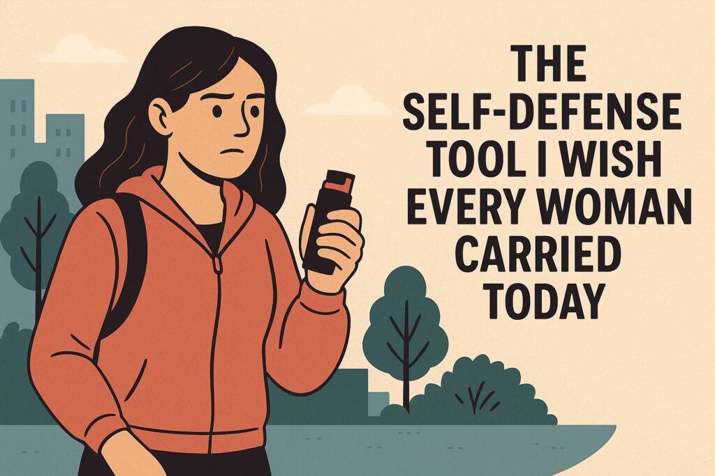 Woman Walking Outdoors Holding Pepper Spray For Personal Safety Awareness