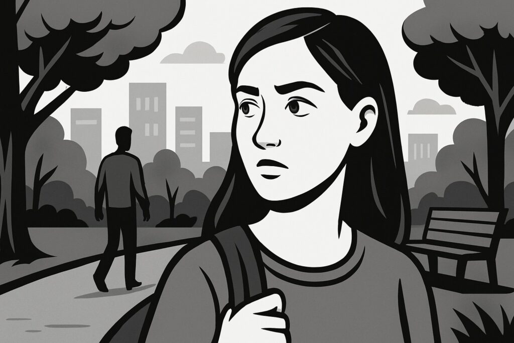 A woman walking through a city park stays alert and aware of her surroundings as other people move in the background.