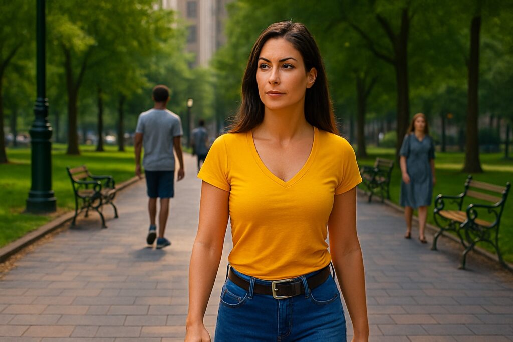 A confident woman walking through a city park with calm awareness, showing how confidence and situational awareness work together in everyday life for personal safety.