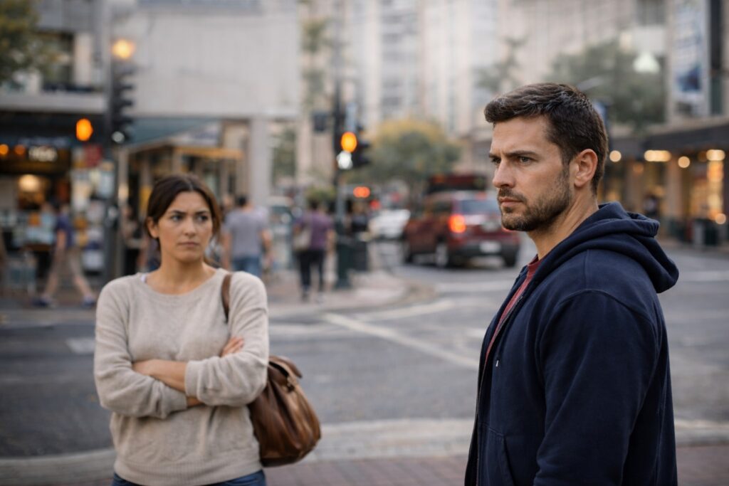A man and woman pause on a city sidewalk, both alert and aware of their surroundings in a calm everyday setting.