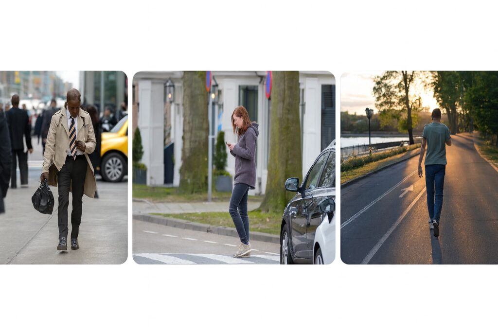 People walking in public while distracted, showing how small safety oversights can increase personal risk in everyday situations.