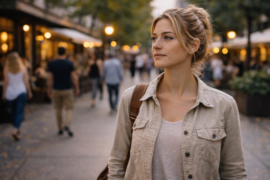 A woman walks through an everyday public space, calmly aware of her surroundings during a quiet moment of reflection.