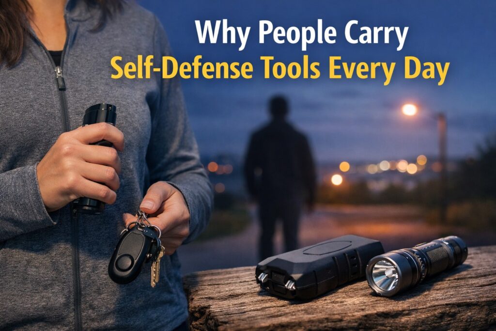 Woman holding a personal alarm, pepper spray and to her left a stun gun and flashlight. Man in background dark shadow and city lights.