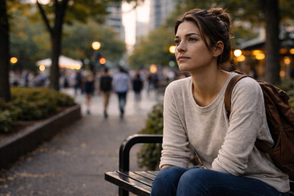 A woman sits on a park bench, calmly focused on her surroundings in a busy city setting.