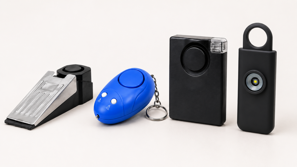 Personal safety alarms including a door stop alarm, blue keychain alarm, black panic alarm, and personal alarm light