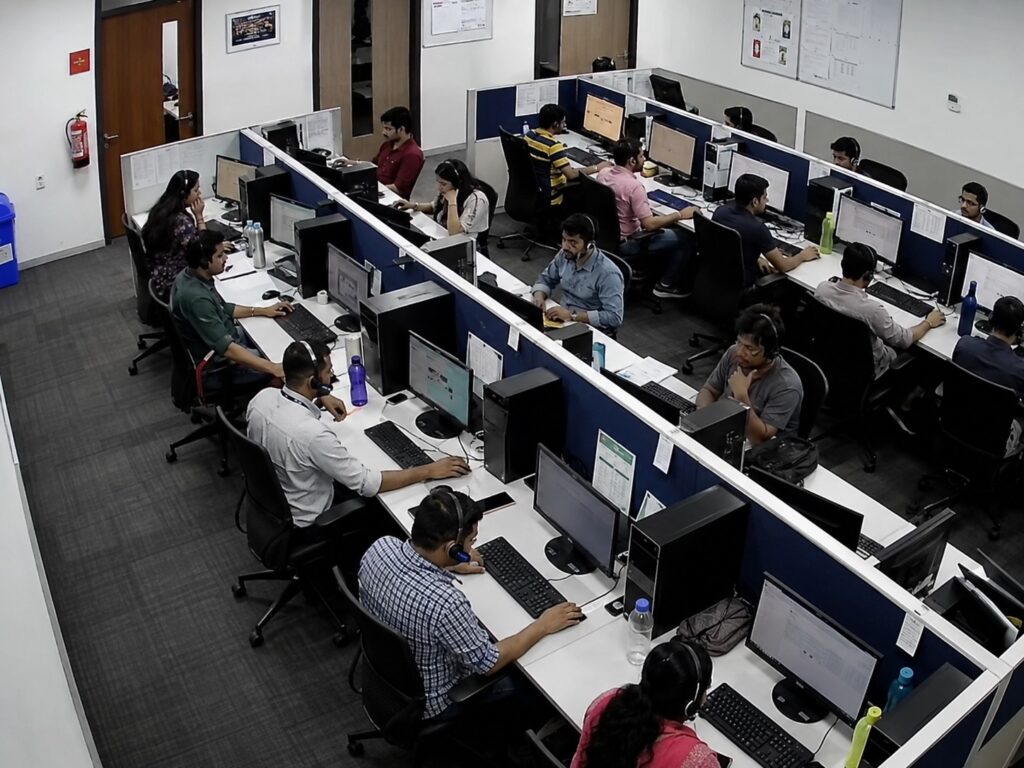 Image of multiple scammers in a call center.
