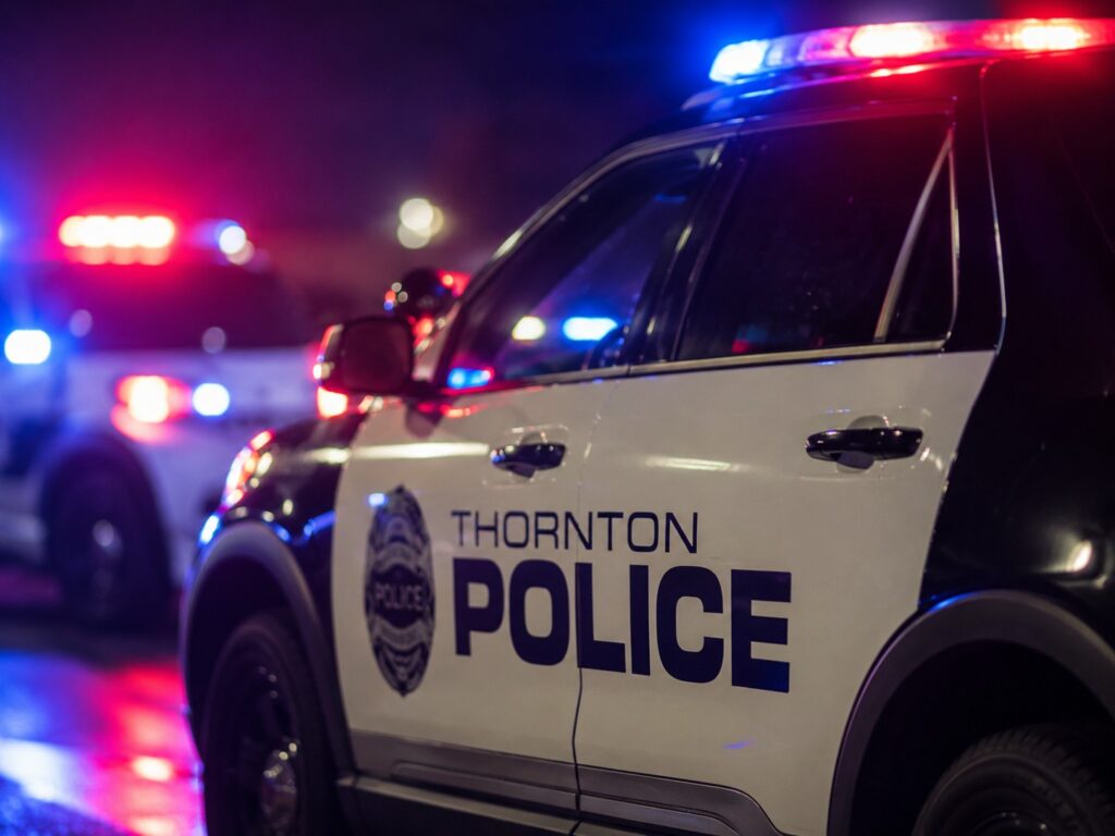Thornton Colorado Police Cruiser at Night with Lights On.