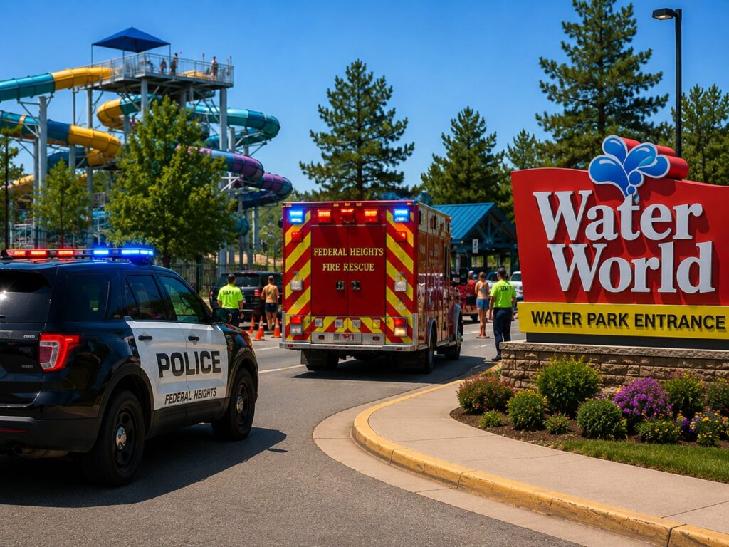 Water World threat responing with Federal Heights police and fire rescue vehicles at the water park in Federal Heights Colorado