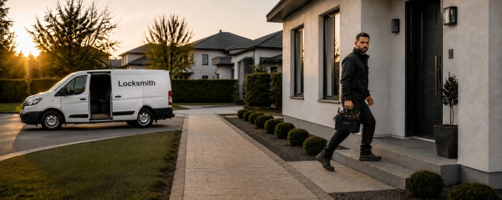 Locksmith walking from a service van toward the front door of a modern home while carrying a small tool bag.